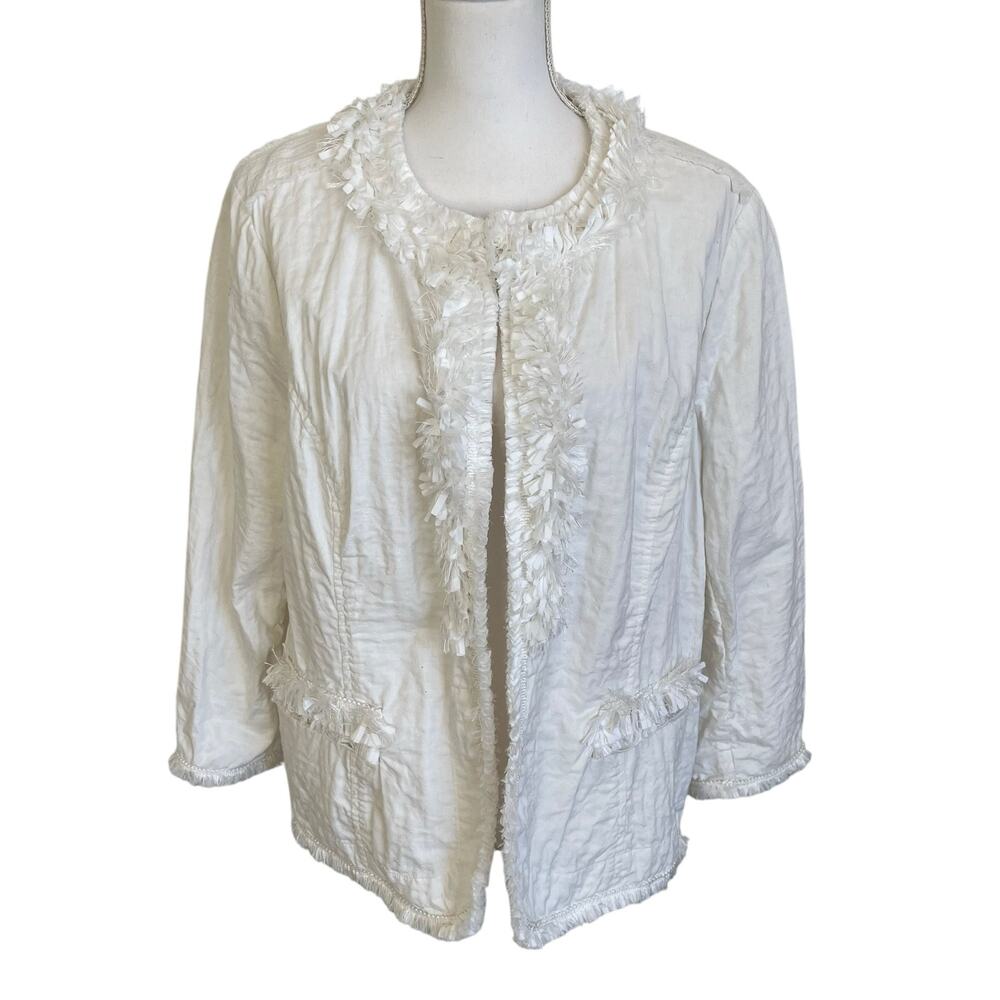 Chico's Jacket Women's 3 16/18 XL White Linen Blend Eyelash Fringe Trim Lined